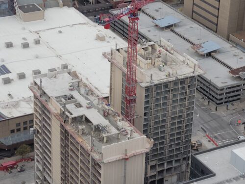 Aerial drone view of the millenium hotel during abatement and deconstruction