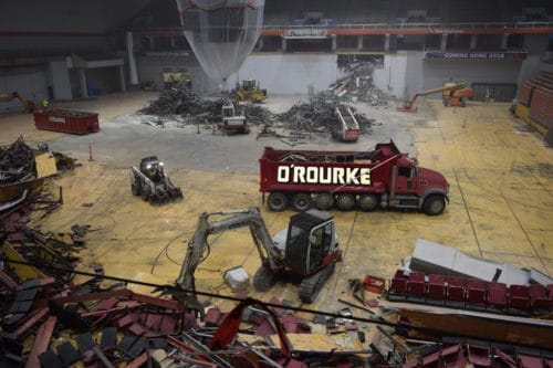 interior demolition at a basketball arena