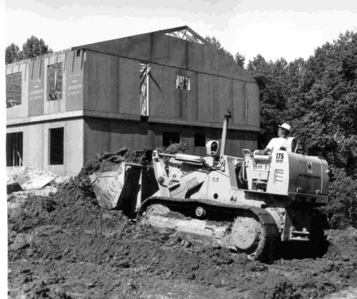 Gray and white image of a demolition project